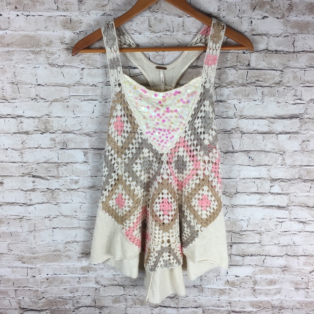 Free People Boho Festival Crochet Sequin Tank Top